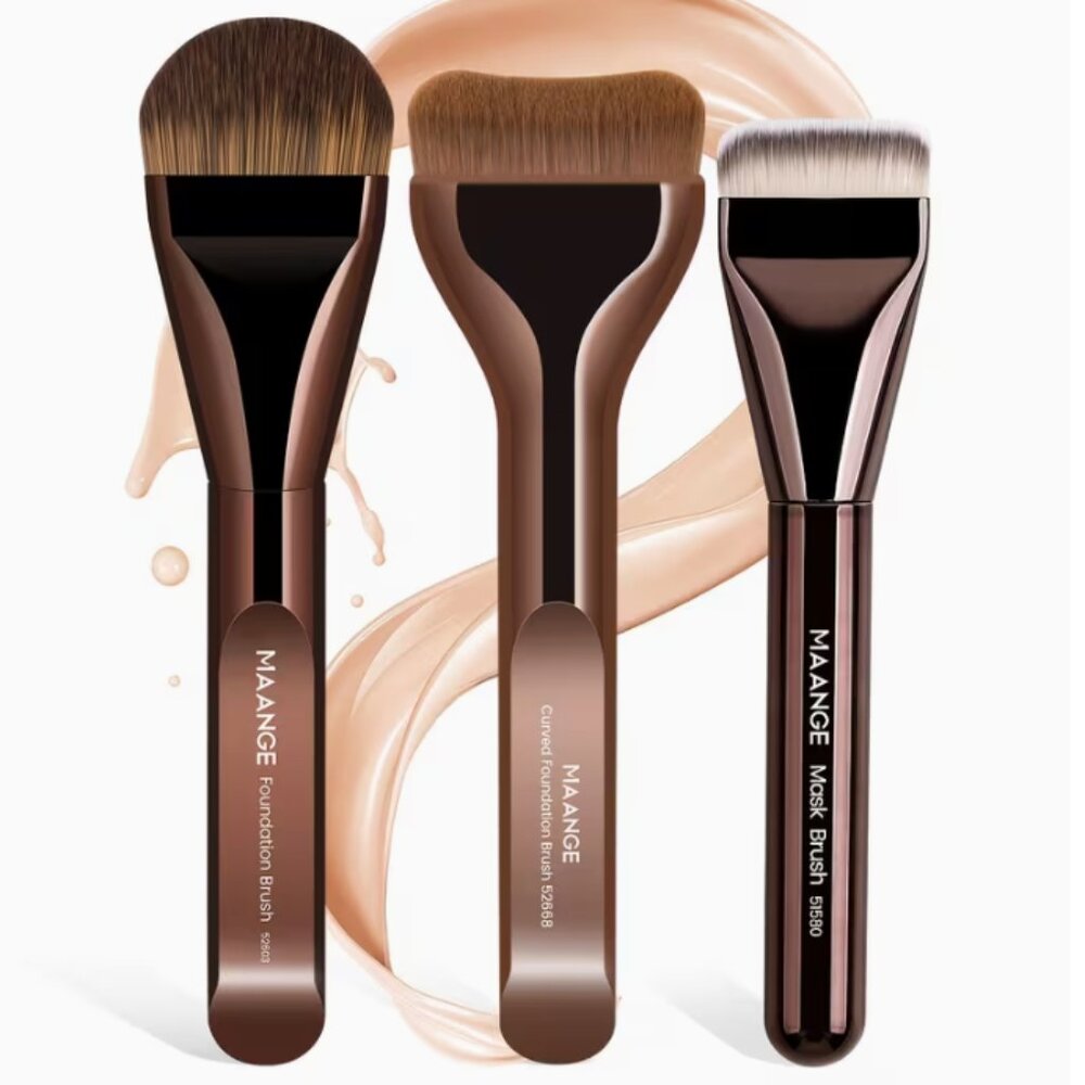 MAANGE 3-Piece Makeup Brush Set | Foundation, Thin Foundation & Kabuki | Coffee
